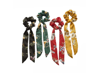 Kit Scrunchies Prendedor De Cabelo Elástico Floral Com Laço (Contém 5)