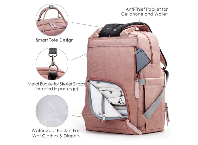 Upsimples Mochila de Maternidade Multifuncional Rosa