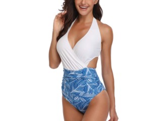 Maiô Branco e Azul com Recortes Estampa Folhagem
