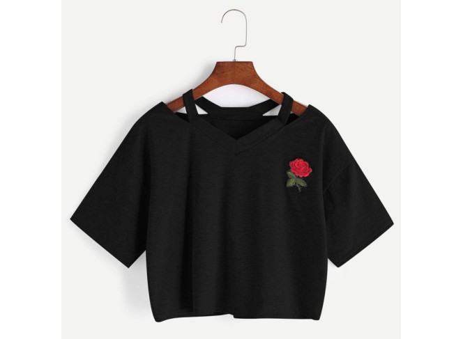 BYDI T-shirt Cropped Rosa Vermelha com Recortes (Cores)