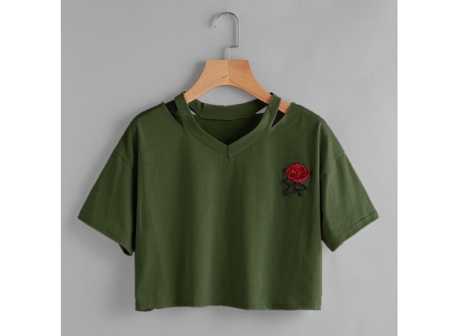 BYDI T-shirt Cropped Rosa Vermelha com Recortes (Cores)