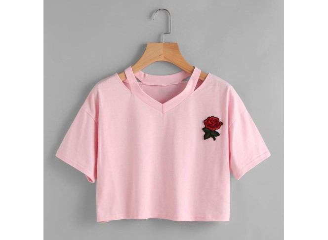 BYDI T-shirt Cropped Rosa Vermelha com Recortes (Cores)
