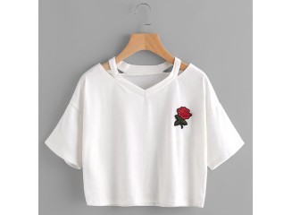 BYDI T-shirt Cropped Rosa Vermelha com Recortes (Cores)