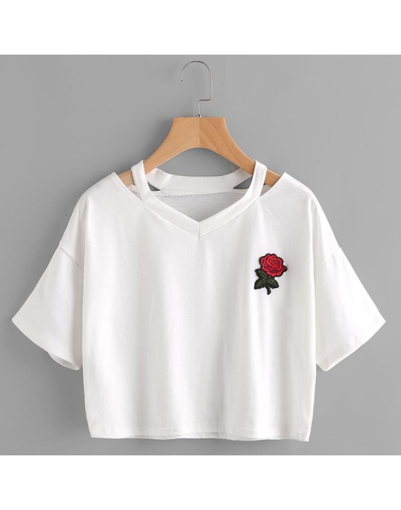 BYDI T-shirt Cropped Rosa Vermelha com Recortes (Cores)