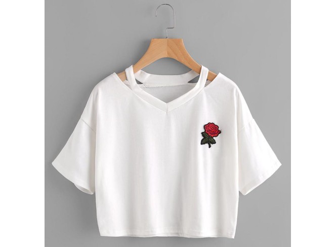 BYDI T-shirt Cropped Rosa Vermelha com Recortes (Cores)