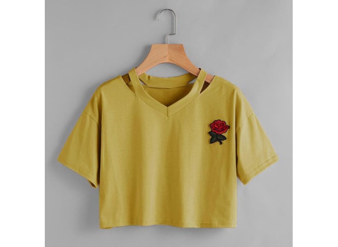 BYDI T-shirt Cropped Rosa Vermelha com Recortes (Cores)