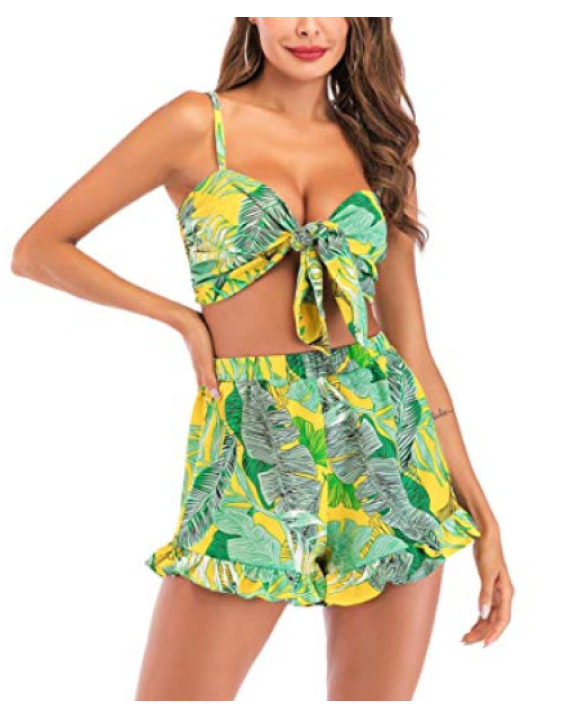 Conjunto Short e Top Cropped Amarração Folhagem Verde