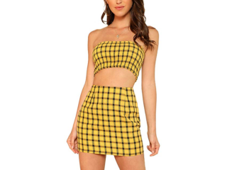 Conjunto Saia e Top Cropped Quadriculado Amarelo