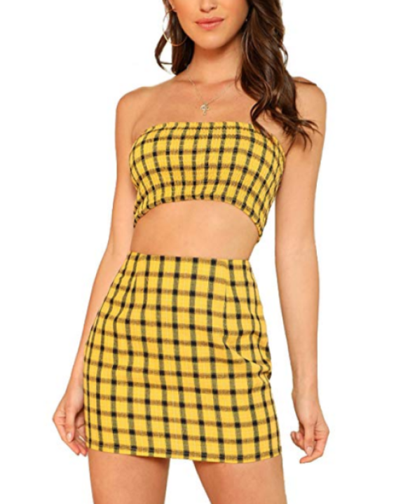 Conjunto Saia e Top Cropped Quadriculado Amarelo