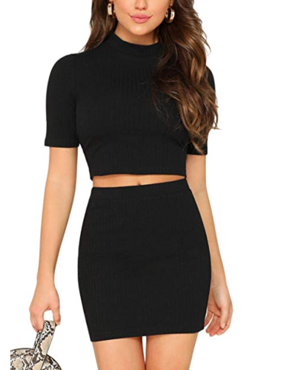 Conjunto Saia e Top Cropped Canelado Preto