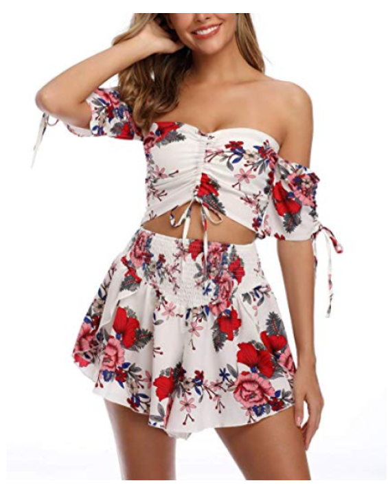 Conjunto Saia e Blusa Cropped Boho Floral Branco