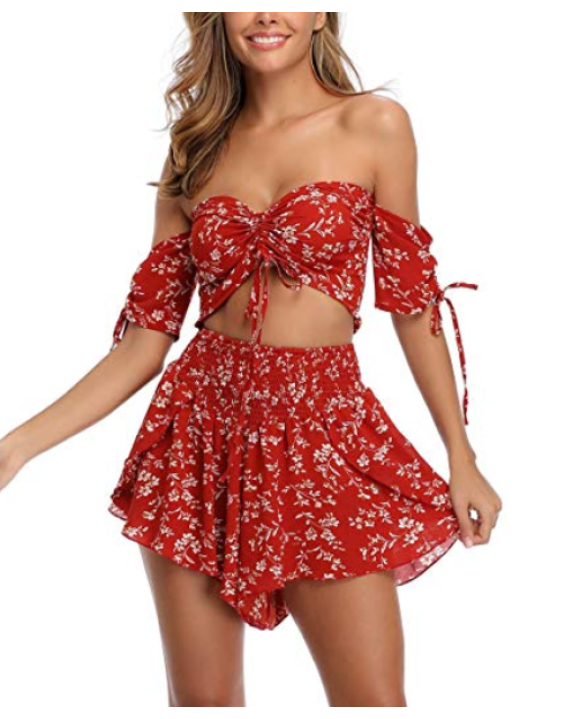 Conjunto Saia e Blusa Cropped Boho Floral Vermelho