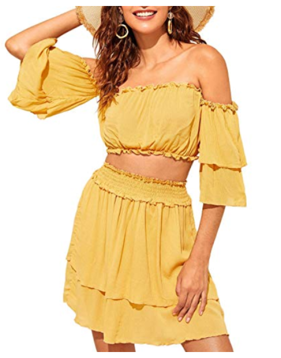 Conjunto Saia e Blusa Cropped Ciganinha Boho Floral Amarelo