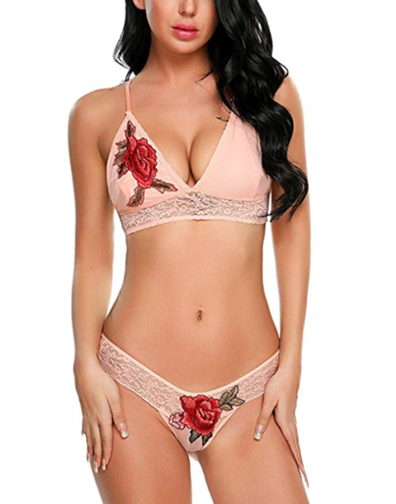 Conjunto Lingerie Calcinha e Sutiã com Aplicação Rosas Rosa