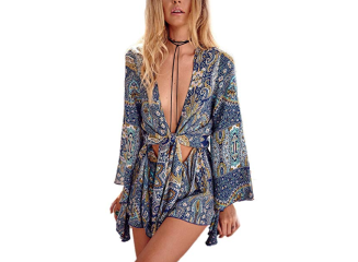Macaquinho Estampado Boho Manga Flare Azul