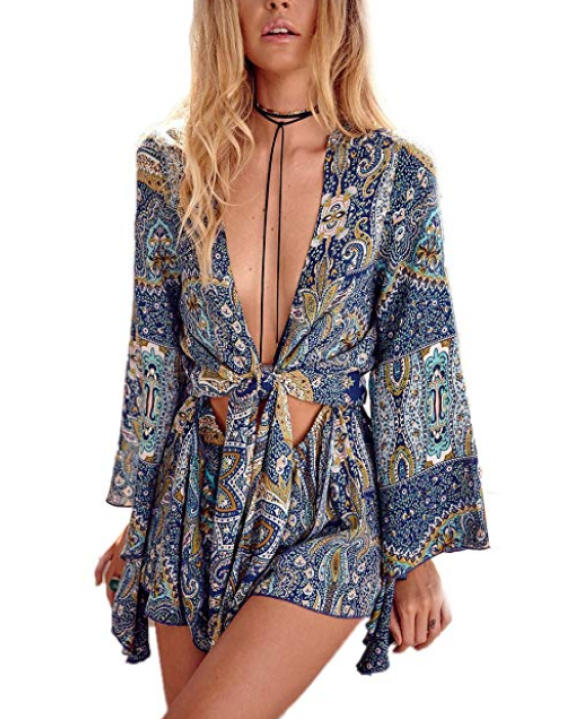 Macaquinho Estampado Boho Manga Flare Azul