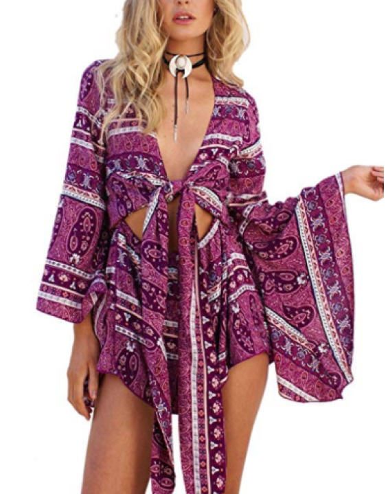 Macaquinho Estampado Boho Manga Flare Roxo