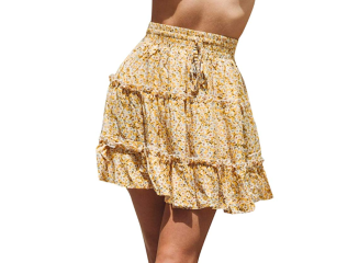Mini Saia Cintura Alta Floral Boho Amarela