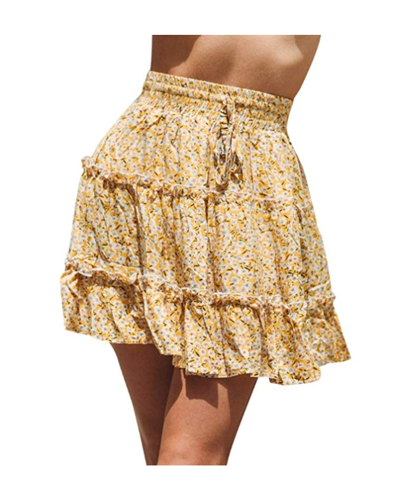 Mini Saia Cintura Alta Floral Boho Amarela