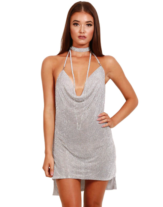 Vestido Curto Metálico com Gargantilha Choker (Cores)