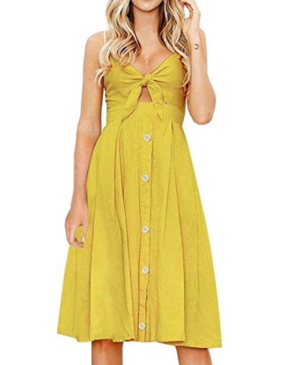 Vestido Midi com Botões e Decote Laço Amarelo