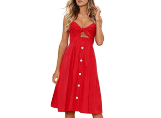 Vestido Midi com Botões e Decote Laço Vermelho