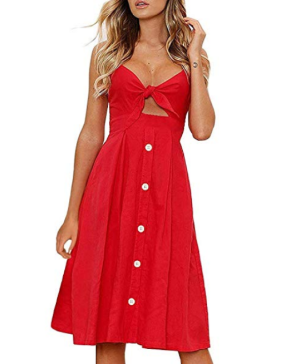 Vestido Midi com Botões e Decote Laço Vermelho