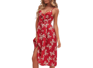 Vestido Midi Floral com Botões e Decote Laço Vermelho