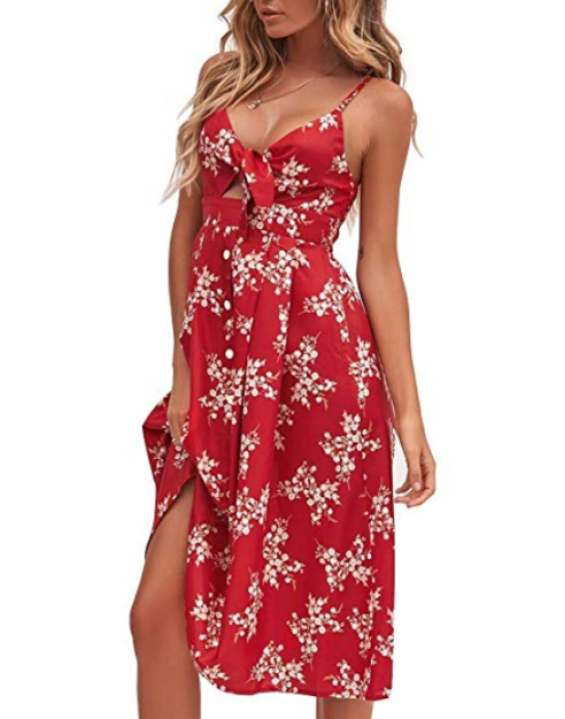 Vestido Midi Floral com Botões e Decote Laço Vermelho