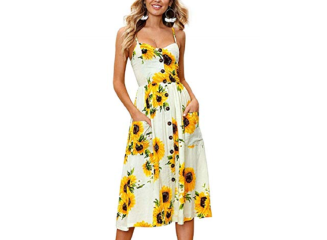 Vestido Midi Floral Girassol com Botões e Bolsos Branco