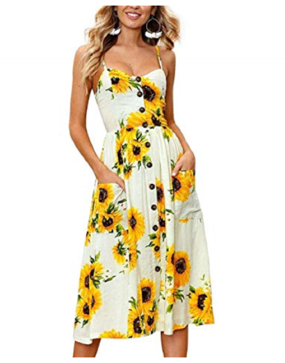 Vestido Midi Floral Girassol com Botões e Bolsos Branco