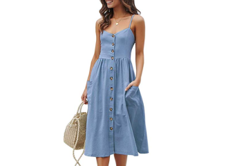 Vestido Midi com Botões e Bolsos Azul