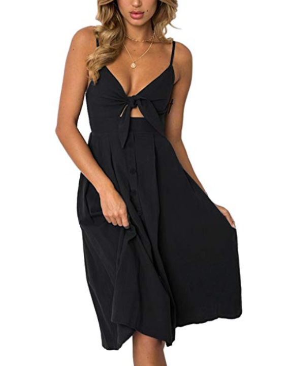 Vestido Midi com Botões e Decote Laço Preto
