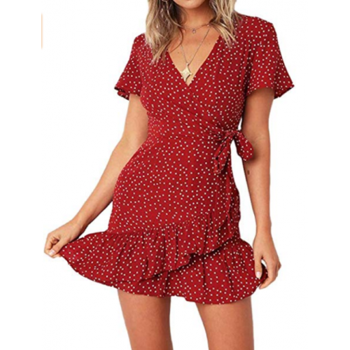 Vestido Curto de Poá Transpassado Vermelho